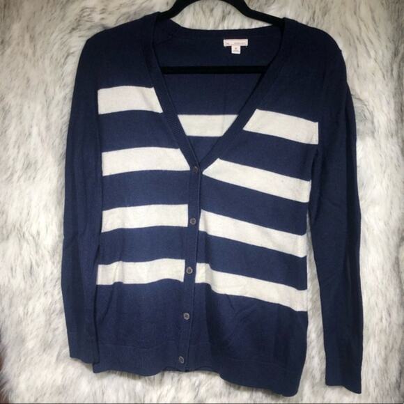 Gap dark blue white striped button up v-neck cardigan sweater - Picture 8 of 8
